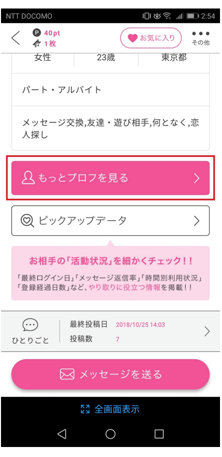 もっとプロフを見るボタンの画面