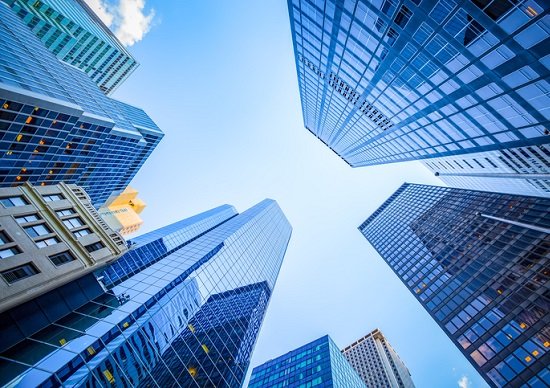 Up view in financial district, Manhattan, New York