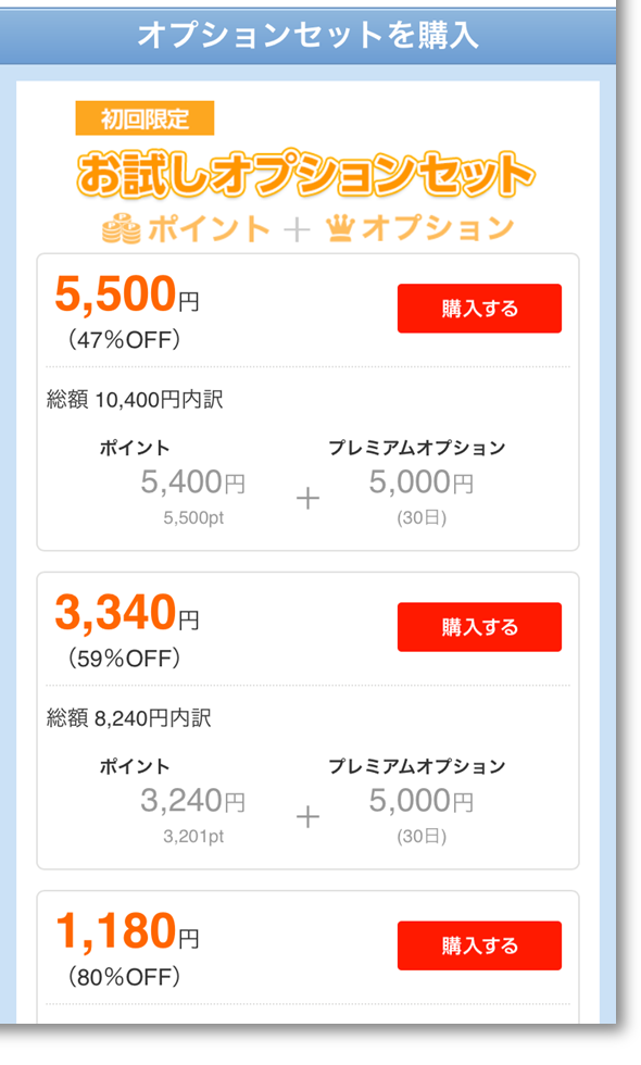 YYCプレミアムオプション画面